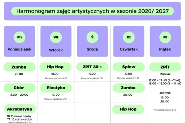 GOK Wiercany ogłasza harmonogram zajęć artystycznych na sezon 2026/2027