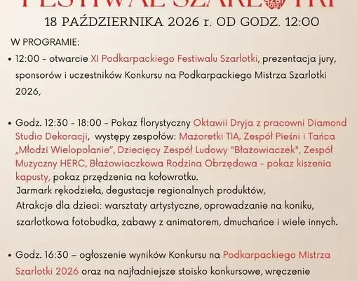 XI Podkarpacki Festiwal Szarlotki w Pstrągowej – program wydarzenia