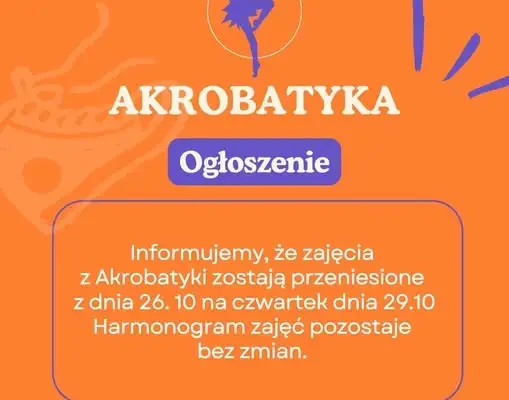 Zmiana terminu zajęć z akrobatyki w GOK Wiercany – 26 października przełożone na 29 października
