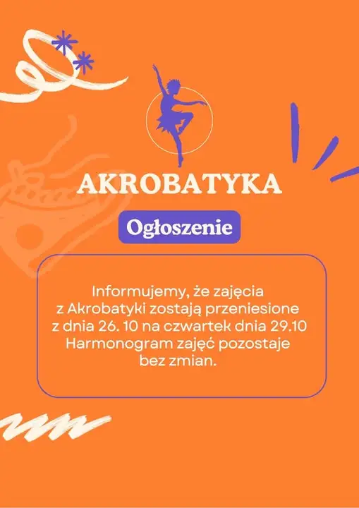 Zmiana terminu zajęć z akrobatyki w GOK Wiercany – 26 października przełożone na 29 października