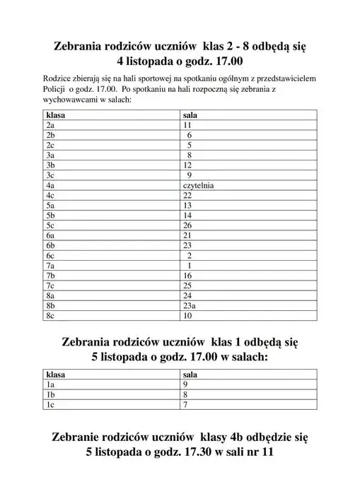 Zebrania z rodzicami w Szkole Podstawowej nr 7 – 4 i 5 listopada 2026
