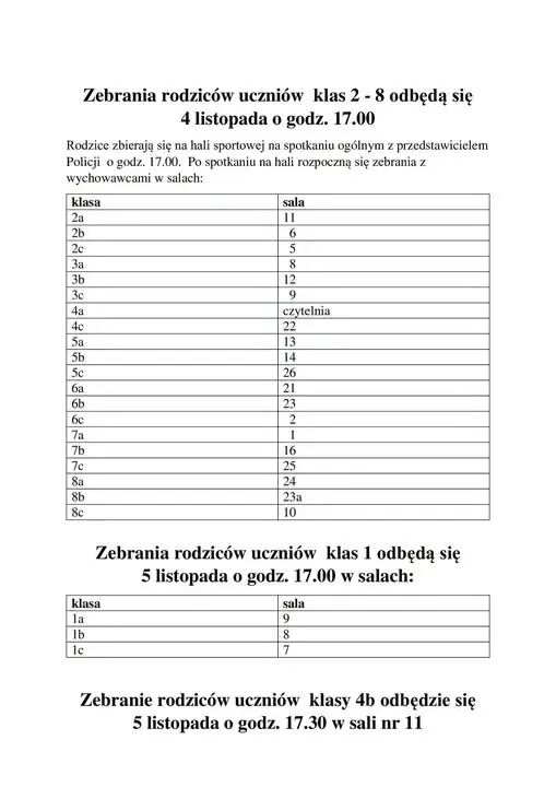 Zebrania z rodzicami w Szkole Podstawowej nr 7 – 4 i 5 listopada 2026