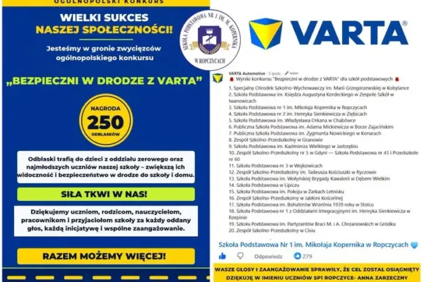 Szkoła Podstawowa Nr 1 w Ropczycach w gronie zwycięzców ogólnopolskiego konkursu „Bezpieczni w drodze z VARTA Automotive”