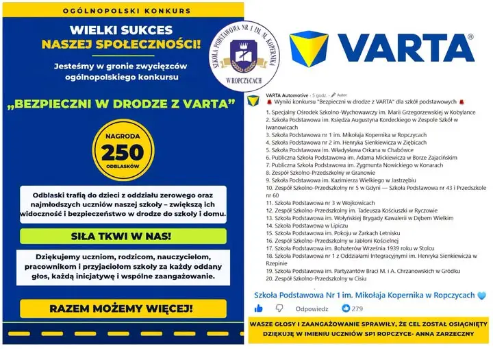 Szkoła Podstawowa Nr 1 w Ropczycach w gronie zwycięzców ogólnopolskiego konkursu „Bezpieczni w drodze z VARTA Automotive”