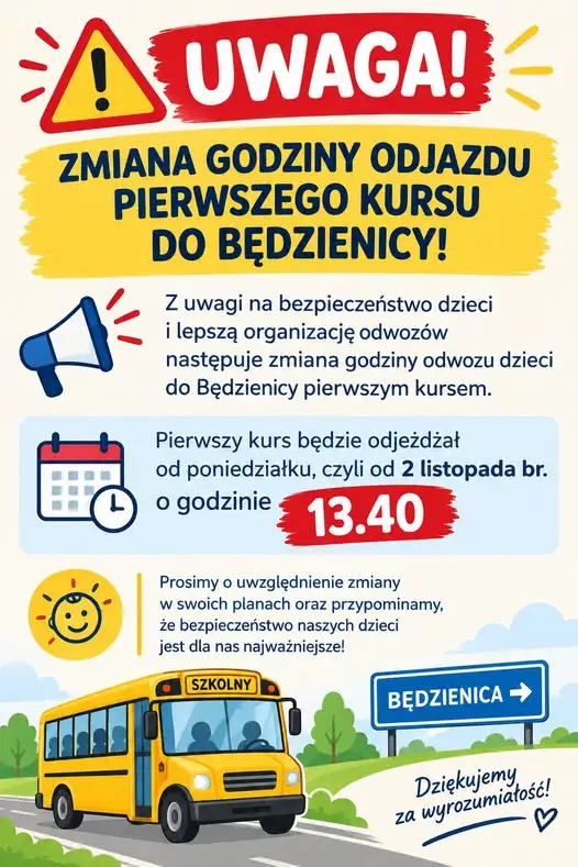 Zmiana godziny pierwszego kursu do Będzienicy od 2 listopada